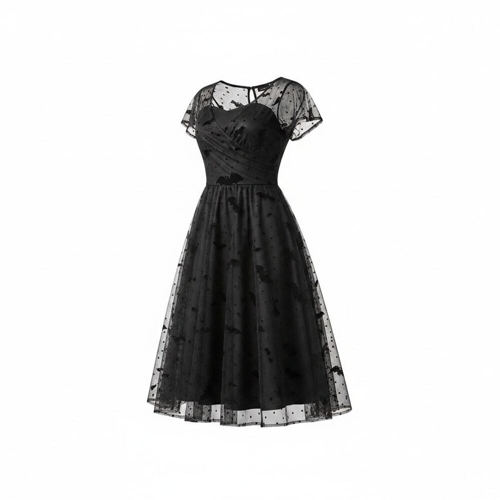 New Magnolia Place Black Goth Bat Print Fit & Flare Dress Size M